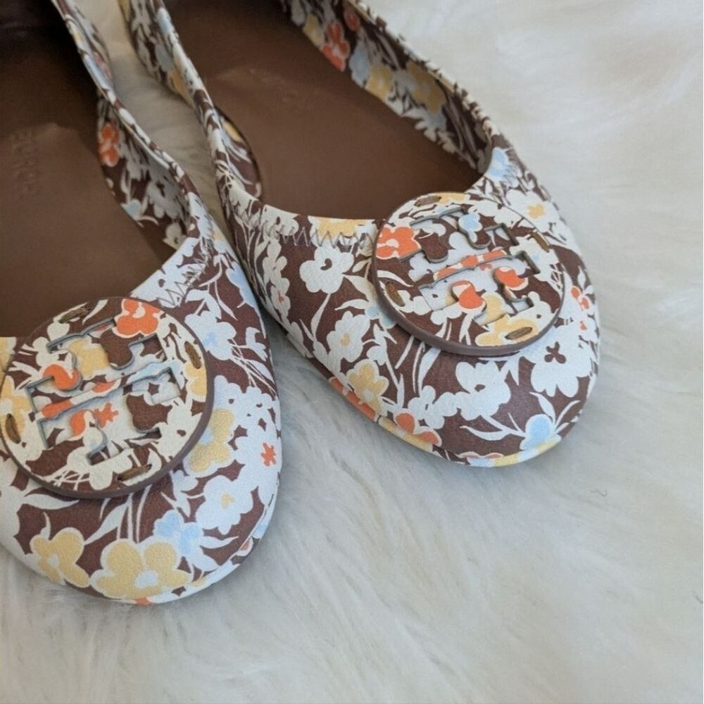 TORY BURCH MINNIE Brown FLORAL TRAVEL FLATS LEATHER BROWN REVERIE COMBO LOGO 10 - Picture 2 of 6